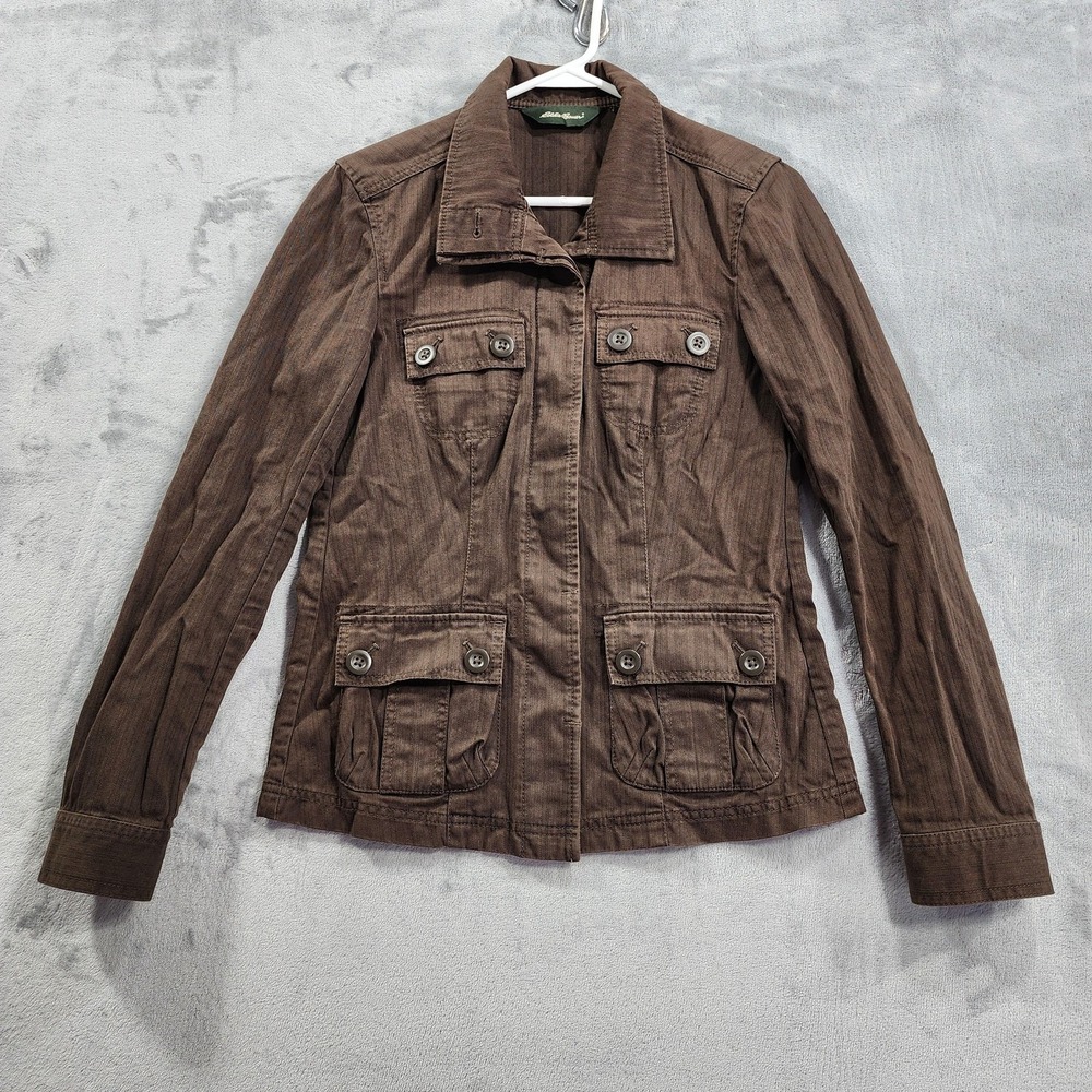 Vintage Eddie Bauer Jacket Womens XS Brown Herringbone Cotton Utility Military